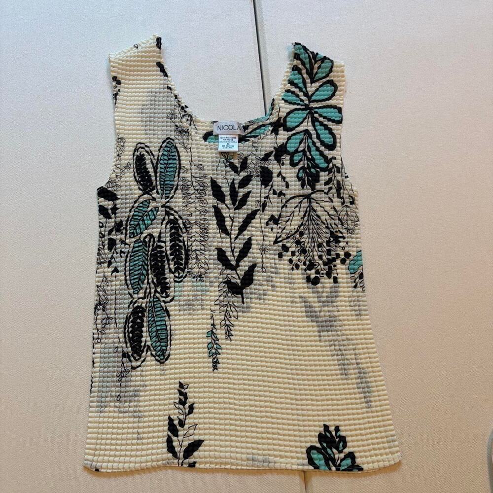 Vintage 90s Nicola Floral Crinkle Tank Top Size M Blue Black